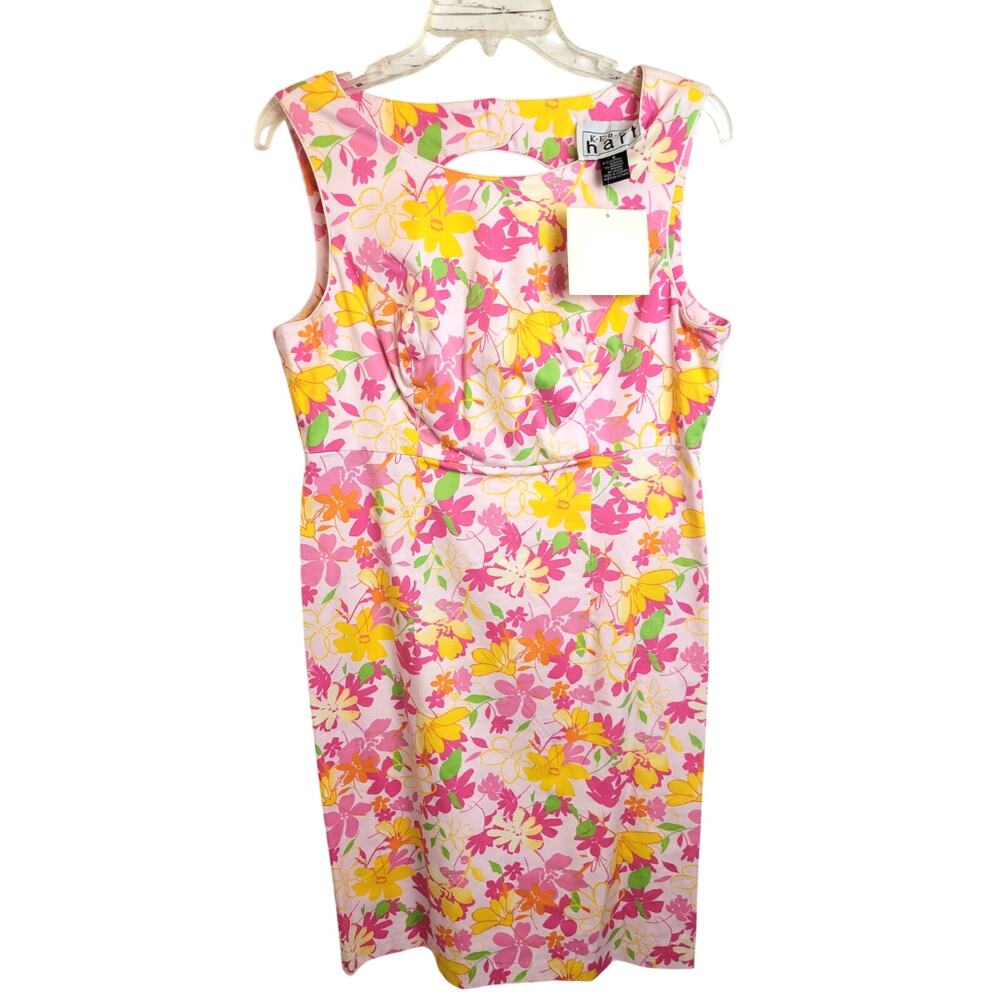 NWT VTG Keren Hart Pink Yellow Floral Keyhole Sleeveless Dress‎ Women's Size 8